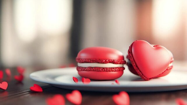Tasty red macaroons with heart shape on white plate	