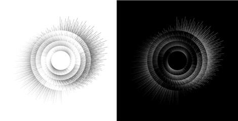 Dynamic abstract spiral sound wave rhythm lines. Circular spiral sound wave rhythm of lines. Circular futuristic abstract lines, black and white background.