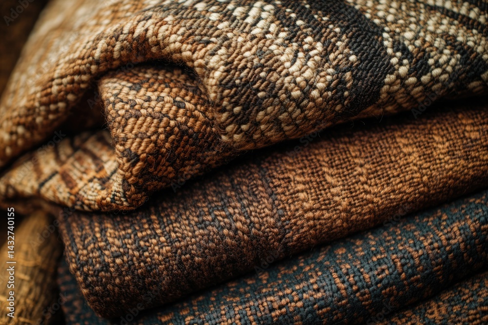 Poster close-up of stacked textured fabrics in earthy brown tones, showcasing intricate weaves and patterns