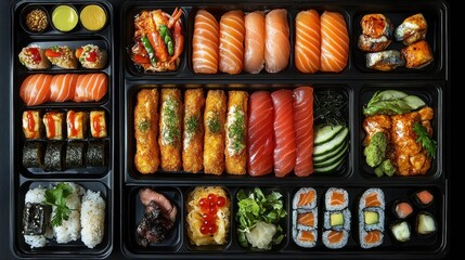 An overhead shot of an assorted sushi platter in a black container. Use for restaurants, Japanese cuisine, or food delivery services promotion.