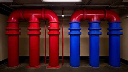 Large Red and Blue Industrial Pipes in a Building's Infrastructure A striking image of modern plumbing