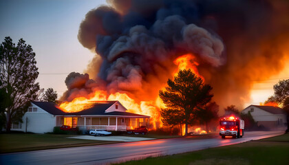 Blazing Inferno: A house engulfed in an uncontrolled blaze, a dramatic scene of destruction amidst a residential area, capturing the intense heat and the tragic nature of property devastation.