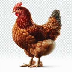 Full Body Brown Chicken Hen Standing Isolated on White Background with Transparent Cutout