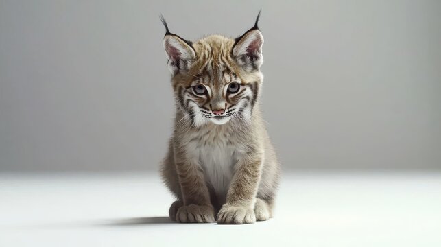 An adorable bobcat kitten sits attentively on a plain white background posing for a charming wildlife portrait perfect for nature documentaries or pet-themed projects.