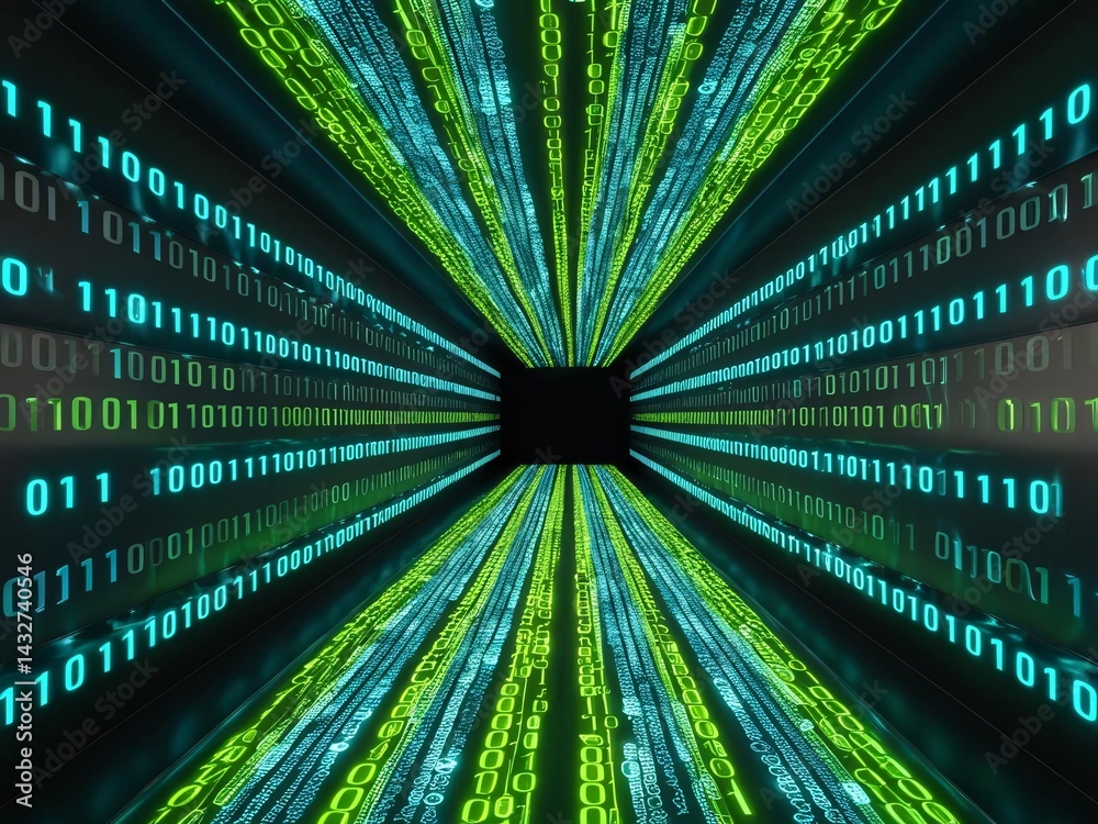 Poster digital tunnel of binary code in green and blue
