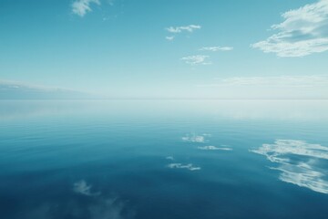 Obraz premium Calm ocean reflecting a serene sky with scattered clouds, a peaceful and tranquil scene.