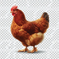 Full Body Brown Chicken Hen Standing Isolated on White Background with Transparent Cutout