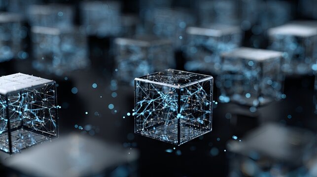 Futuristic glowing digital cubes forming intricate interconnected network of data blocks symbolizing advanced blockchain technology and high-speed information exchange