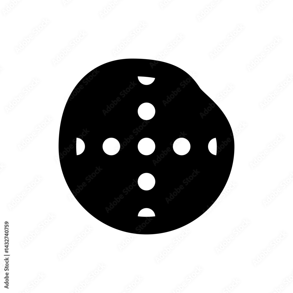 Poster black irregular circle shape containing white circles and semi circles arranged in a cross pattern d