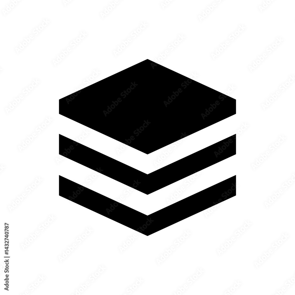 Poster isometric representation of a stacked object with three visible layers in black and white color sche