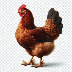 Full Body Brown Chicken Hen Standing Isolated on White Background with Transparent Cutout