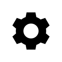 Illustration of a black gear with six cogs and a circular hole in the center on a white background view