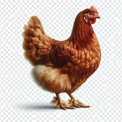 Full Body Brown Chicken Hen Standing Isolated on White Background with Transparent Cutout