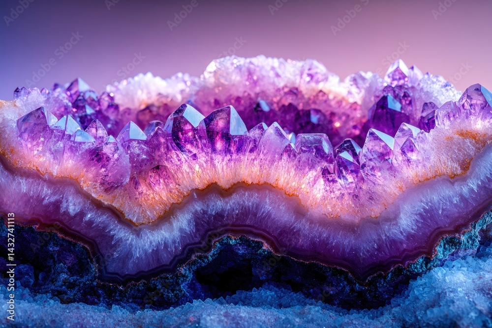 Poster a mesmerizing amethyst geode, showcasing vibrant purple crystals and intricate banding patterns.