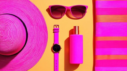 Naklejka premium Vibrant summer accessories arranged on a bright yellow background, showcasing a stylish hat, sunglasses, watch, and bottle
