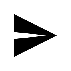 Black geometric shape resembling an arrow or paper airplane pointing to the right on white background