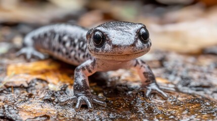 Obraz premium A baby salamander crawling out of a wet forest floor