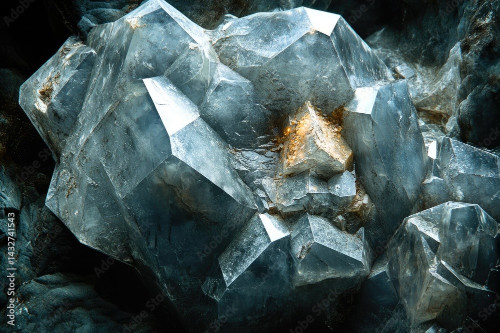 Poster A stunning cluster of large, translucent blue crystals with sharp geometric facets, embedded in a dark matrix.