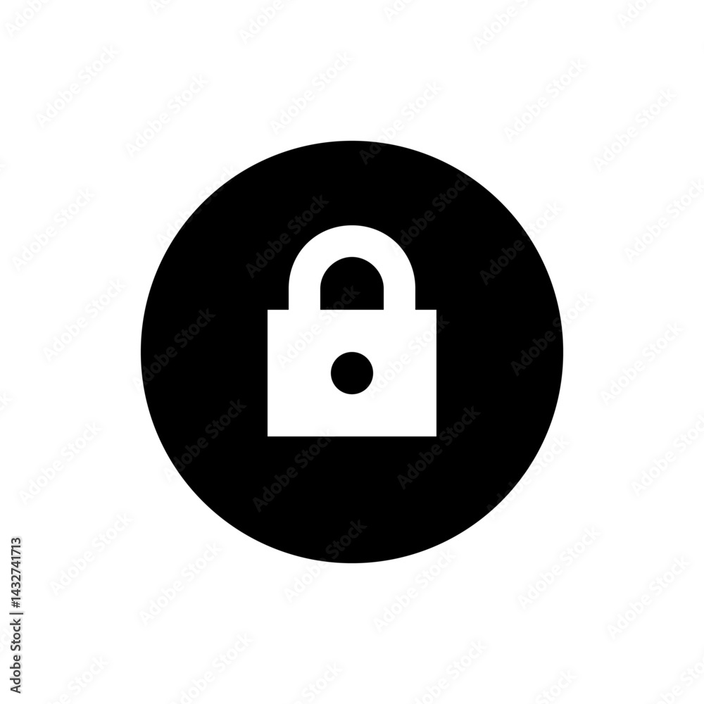 Poster white unlocked padlock icon centered inside a black circle, symbolizing security and access control 