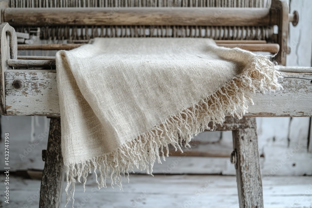 Poster handwoven linen throw draped on an antique loom, showcasing its rustic texture and frayed edges.