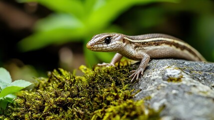 Obraz premium A baby skink slithering across a moss-covered rock