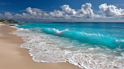 Turquoise waves on a sandy beach under a partly cloudy sky