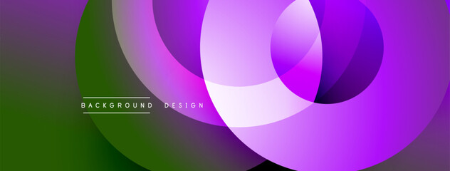 Abstract layers, vibrant purple hues, green tones. Overlapping circles create dynamic visual effect. Modern design element.