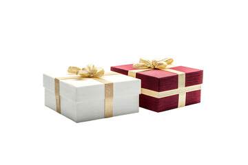Obraz premium Transparent background white and red gift boxes with gold ribbon and bow