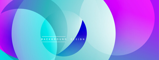 Abstract vibrant circles overlap. Gradient hues transition from purple, blue, turquoise creating modern design. Smooth shapes suggest movement.