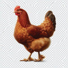 Full Body Brown Chicken Hen Standing Isolated on White Background with Transparent Cutout