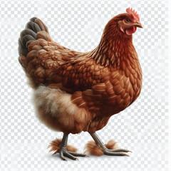 Full Body Brown Chicken Hen Standing Isolated on White Background with Transparent Cutout