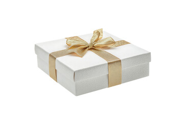 Obraz premium Transparent background white gift box with gold ribbon and bow
