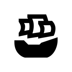 A black silhouette of a ship with three sails floating on the water in a simple and minimalist style