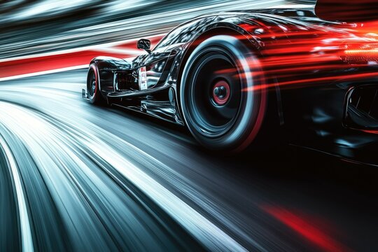 A sleek, black race car speeds along a track, motion blur highlighting its velocity and power.