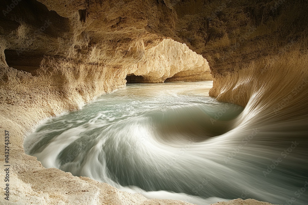 Poster Ocean water swirls inside a coastal cave, creating a mesmerizing vortex of light and motion.