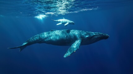 A baby whale calf swimming closely with its mother in the deep sea
