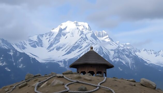 Majestic snow-capped mountains backdrop a rustic hut on a serene hilltop vista
