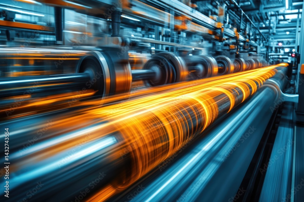 Poster high-speed industrial rollers process material in a dynamic manufacturing environment.
