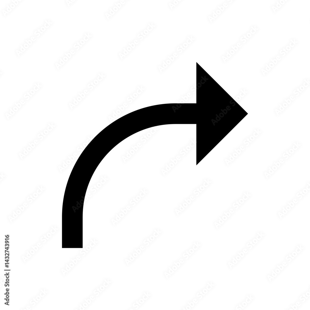 Poster black curved arrow pointing right on a white background indicating direction or navigation with a si