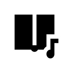 Illustration of a black square with a white vertical line and a musical note in the bottom right corner