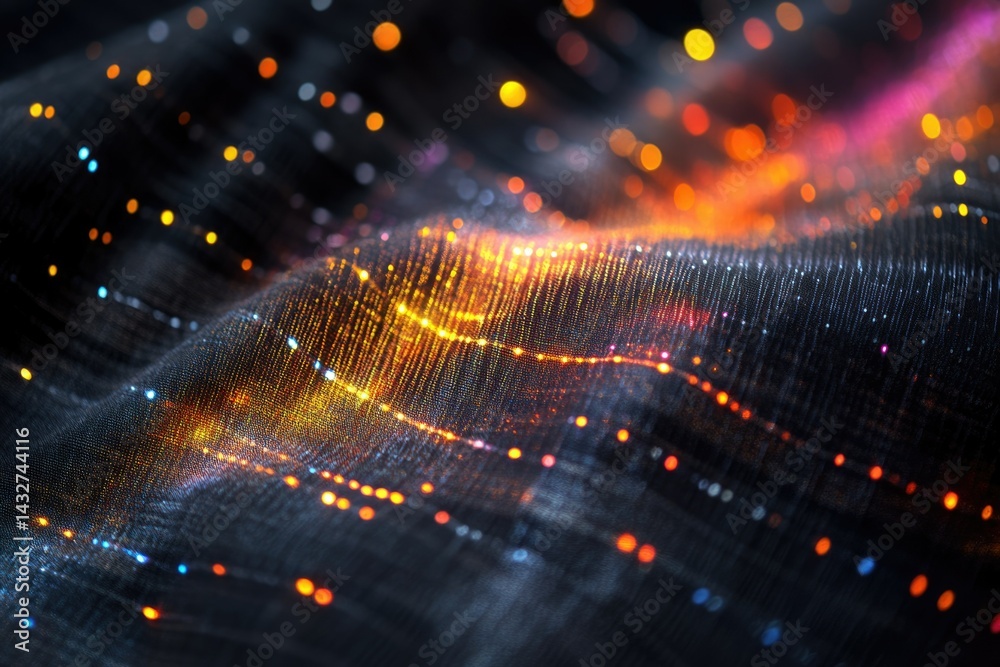 Poster Abstract image of dark fabric with glowing, colorful lines and bokeh lights creating a digital, futuristic textile.