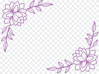 Purple floral corner frame vector with elegant leaves and blossoms on transparent background. Perfect for invitations, greeting cards, or decorative borders. Clean outline design included.