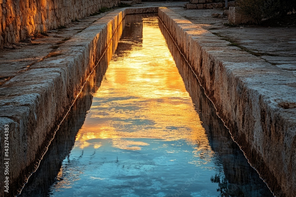Poster golden sunset reflected in a narrow stone channel, creating a serene and captivating scene.