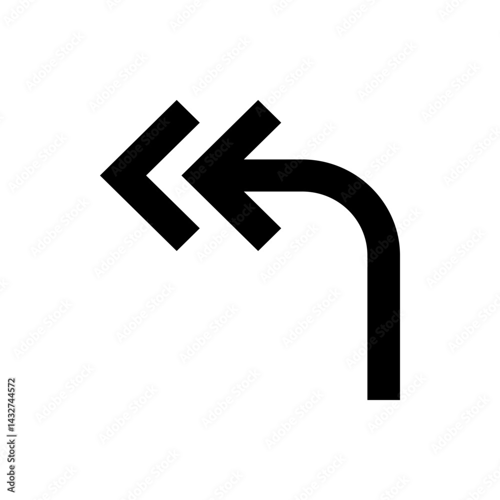 Poster black curved arrow turning down with double arrow pointing left indicating a return or rewind action