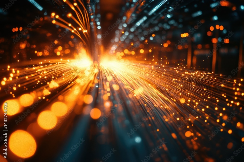 Fototapete Abstract image of glowing lines converging into a bright light, symbolizing data streams or connectivity.