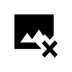 Black and white image of a landscape with mountains and a cross symbol indicating deletion or removal icon