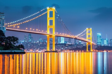 Illuminated Bridge at Night Over Calm Water with City Lights