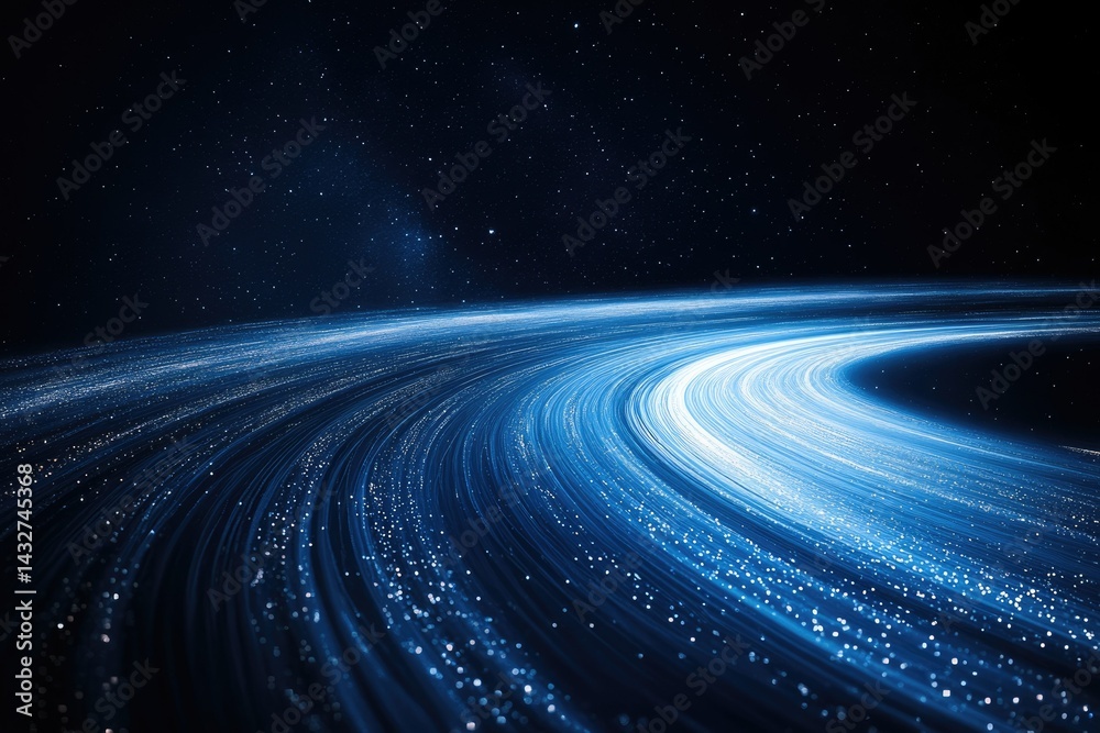 Poster a mesmerizing cosmic curve of light trails across a star-studded dark expanse, evoking speed and vas