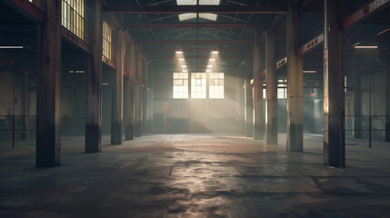 Industrial warehouse with concrete floors and steel beams, showcasing raw urban aesthetics and depth.