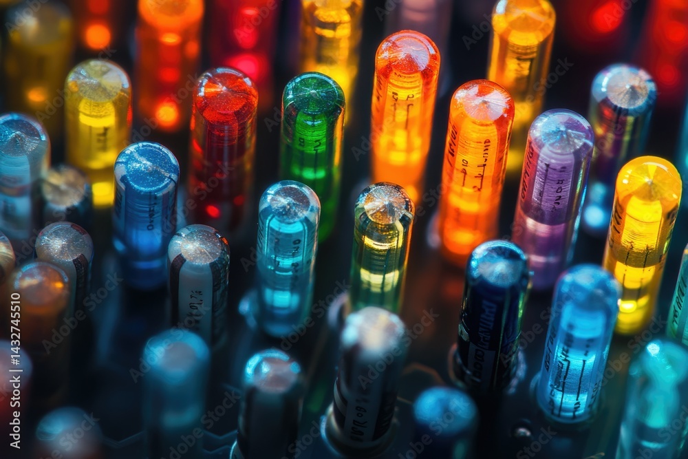 Poster close-up view of colorful, translucent cylindrical objects, possibly vials or test tubes, illuminate